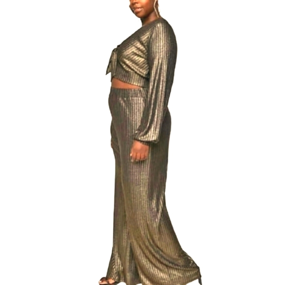 ANTIQUE GOLD ☆ METALLIC RIBBED KNIT ☆ WIDELEG PANT SET ☆ NWT - Picture 6 of 8